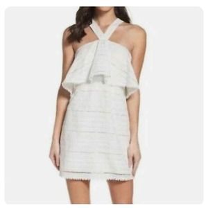 Foxiedox Womens White Eyelet Embroidered Boho Halter Neck Ruffle Mini Dress XS